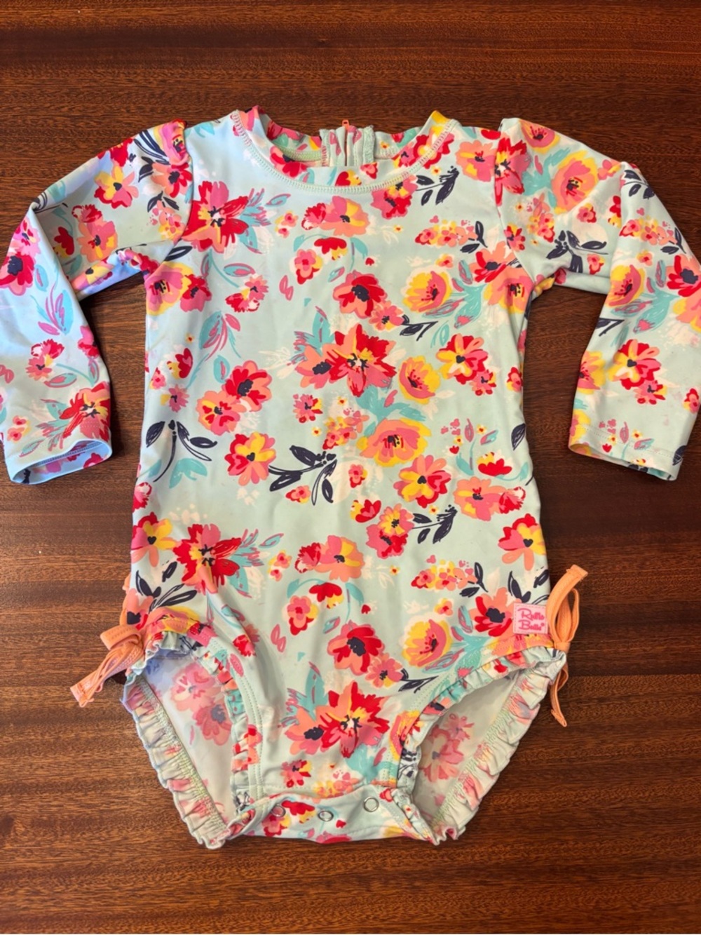 Rufflebutts Floral Long Sleeve One-Piece Swimsuit - Aqua Pink Yellow - Like New!